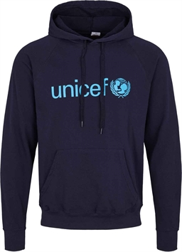 Haettetroje hoodie morkeblaa unicef logo